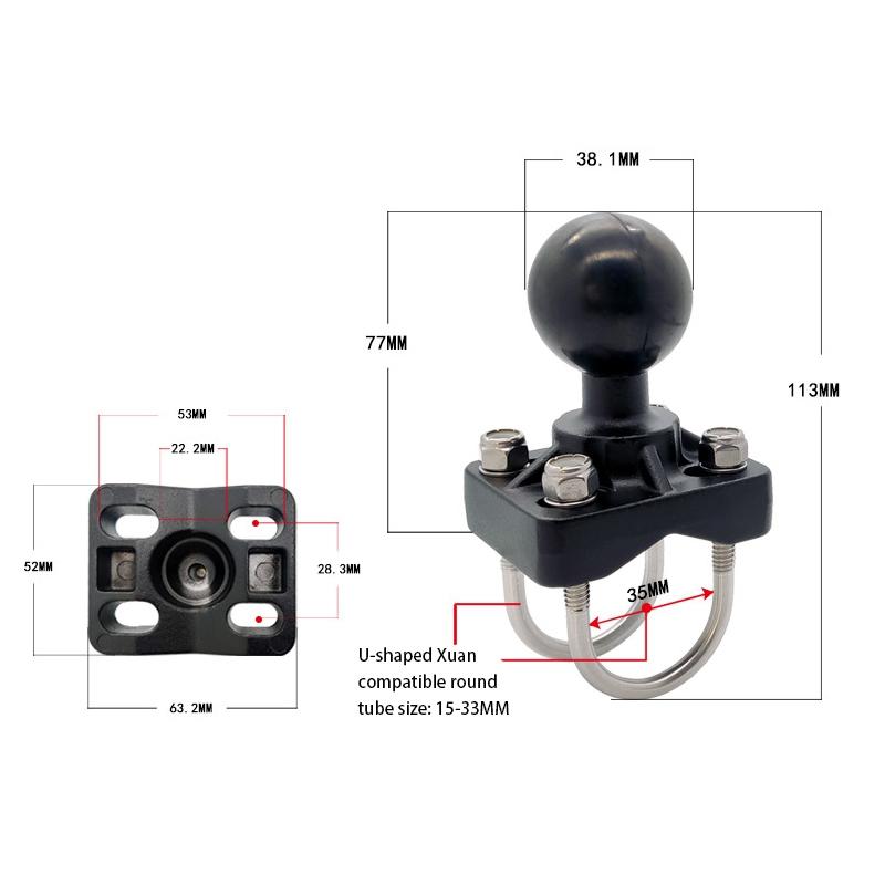 Double U-Bolt Motorcycle Bike Handlebar Rail Mount Base with 1.5 Inch Ball for Gopro Camera for Garmin for