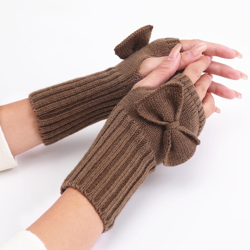 Warme und stilvolle Damen-Halbfinger-Strickhandschuhe mit Schleifendekor für Outdoor-Sportarten wie Skifahren und Radfahren