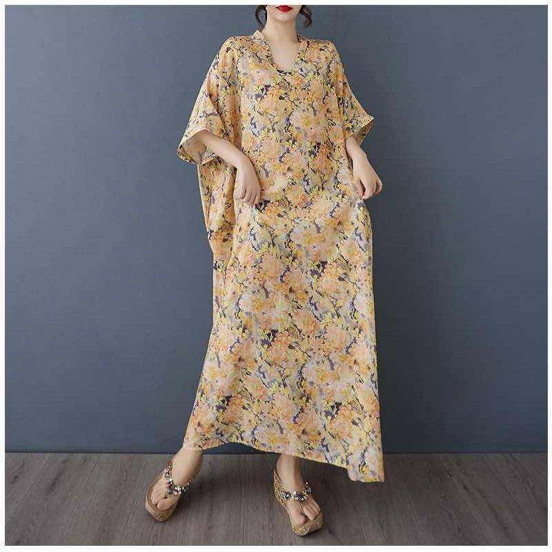 Women's Vintage Long Dress with Cotton and Linen Patterns
