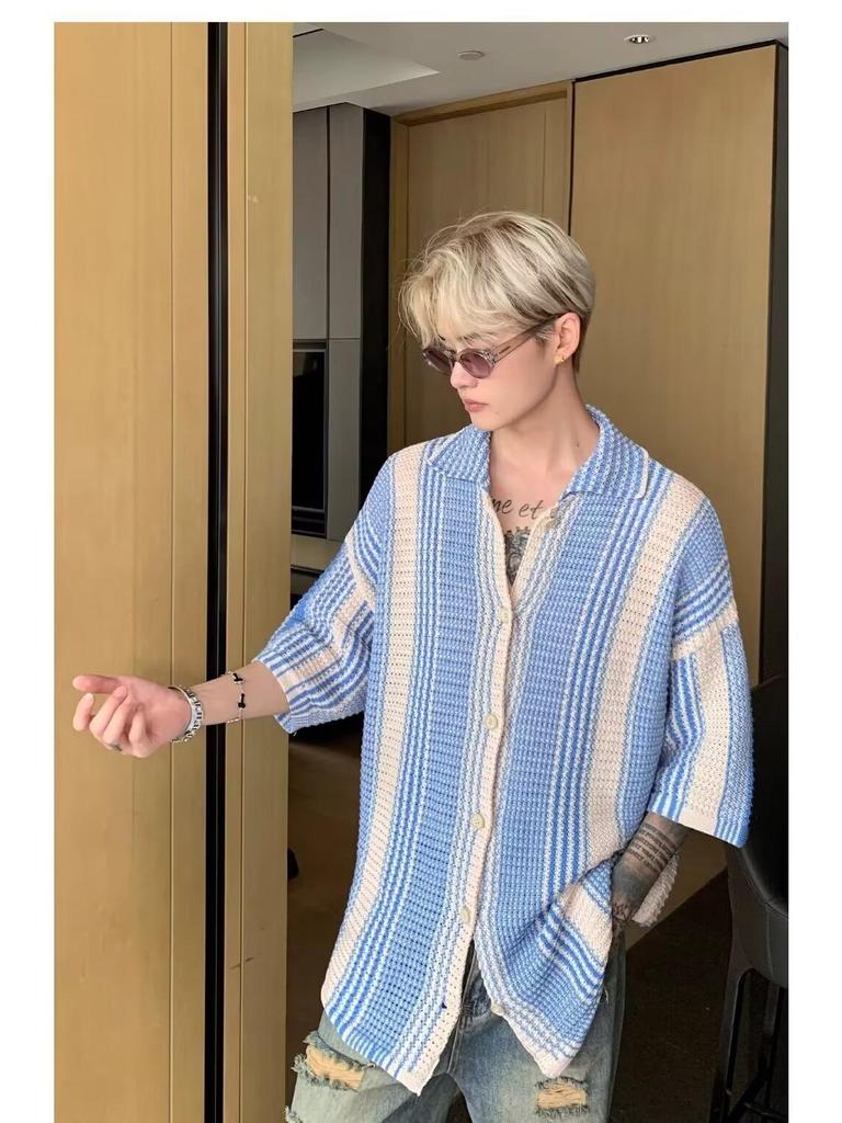 Korean Style Contrast Color Short-Sleeve Shirt - Men's Summer Trendy Loose Lapel Knitted Top