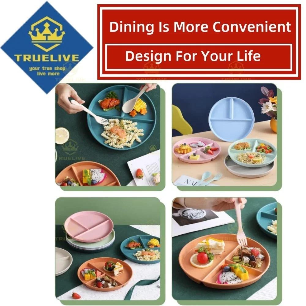 5/3/1pcs Reusable Round Dinner Plate Divided Dish In 3 Diet Dinner Plate Lightweight Wheat Straw Plates Weight Control Bowl