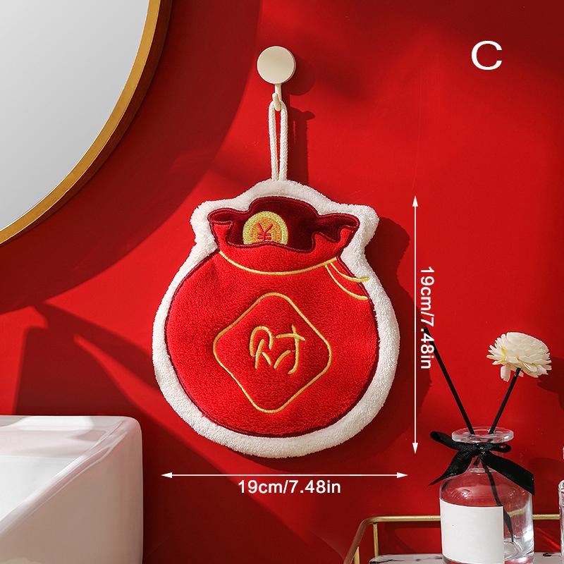 1Pcs Chinese New Year Red Envelope Shape Hand Towel With Hanging Loop Soft Absorbent Coral Towels Quick Dry For Kitchen Bathroom