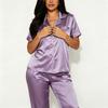 Damen Revers Kurzarm Offen Vorne Zweiteilig Lange Hose Pyjama-Set Lässig Haus Schlaf Loungewear