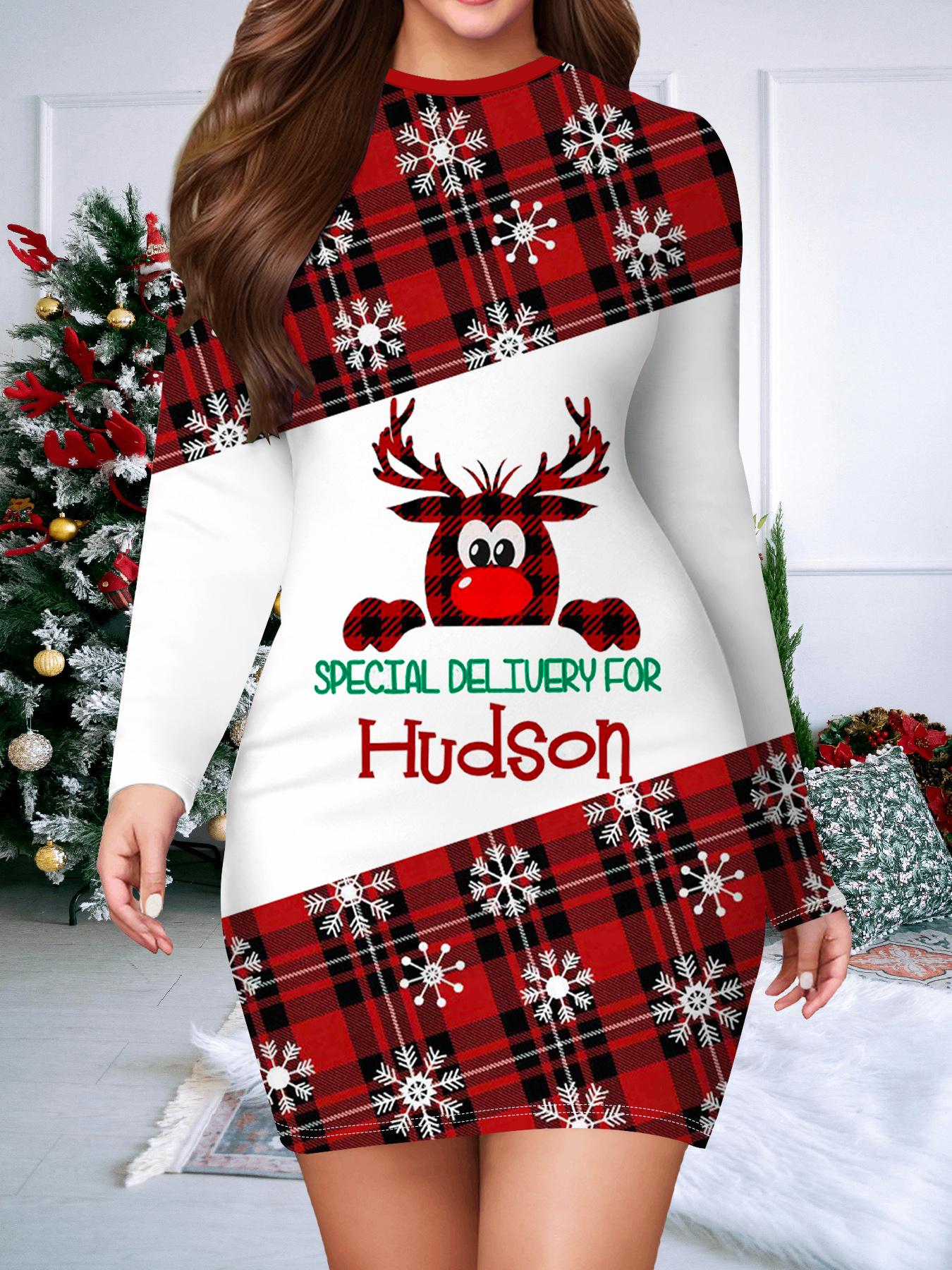 

2025 Осінньо-зимове нове жіноче плаття, що облягає стегна, з 3D різдвяним принтом та фарбуванням, модна жіноча сукня з довгим рукавом та круглим вирізом, що сексуально облягає стегна XXL білий