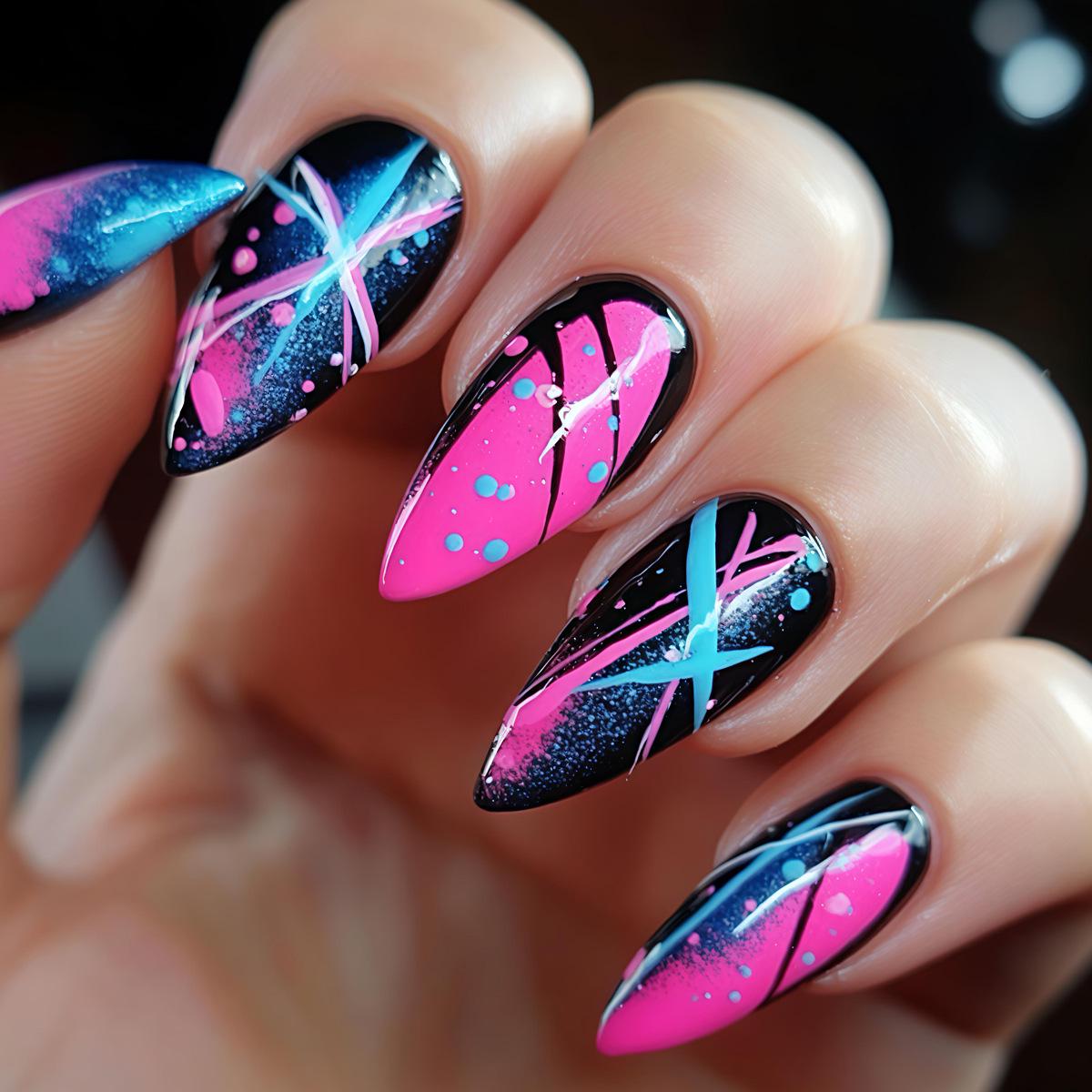 24-Piece Pink Striped Medium-Length Nail Art Stickers - Glossy Black & Blue Removable False Nails