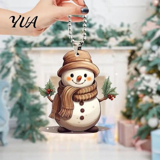 Holiday Car Rearview Mirror Pendant Cute Snowman Acrylic Pendant, 2D Flat Hanging Ornament Decoration with Keychain Ring, Christmas Tree Ornament,