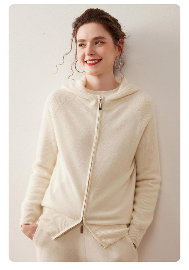 Felpa con cappuccio da donna in maglia di cashmere con zip - Morbida, delicata sulla pelle, spessa, cardigan tinta unita per Autunno/Inverno