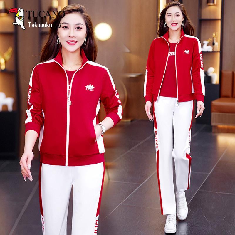 Bawełniany dres damski Woodpecker na wiosnę/jesień 2025: Modny Zestaw Trzech Elementów do Tańca Kwadratowego i Codziennego