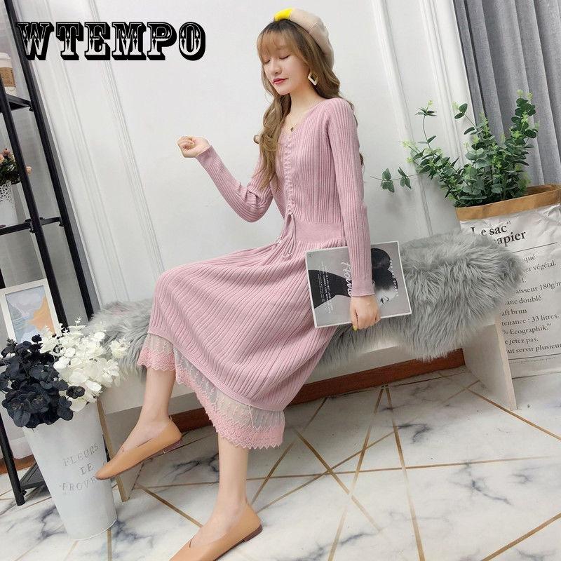 

Pofulove 6 цветов женское красивое платье-свитер длинная водолазка с кружевной трикотажной юбкой пуловер