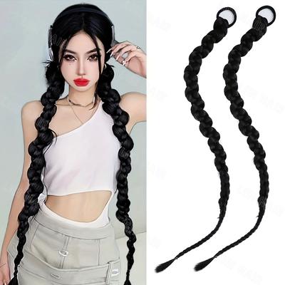 2pcs Synthetic Long Straight Braided Ponytail With Elastic Hair Rope Spiral Braid Ponytail Hair Daily Use Hair Accessories