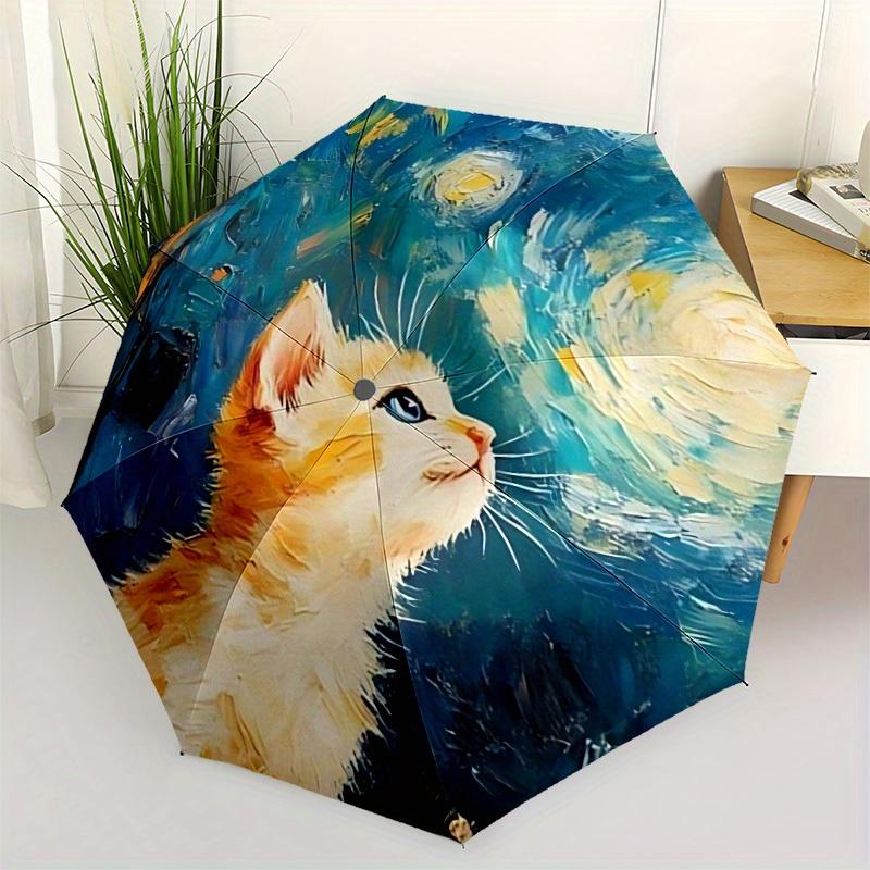 1pc "Cat Night" Auto Open/Close Leisure Umbrella, Portable Folding Umbrella for Travel, Themed Events, It Is Suitable As a Gift for Various Festivals,