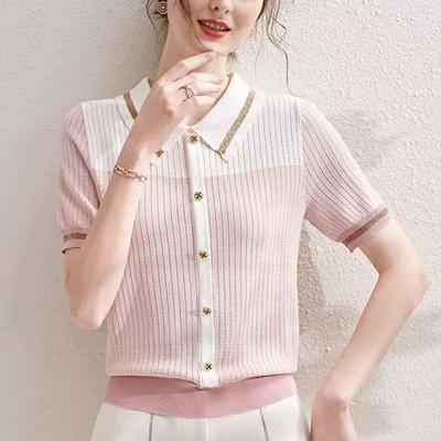Women's Polo Collar Knitted Summer Thin 2024 New Fashion Casual Color-blocked Versatile Short Sleeved Button Loose T-shirts Tops