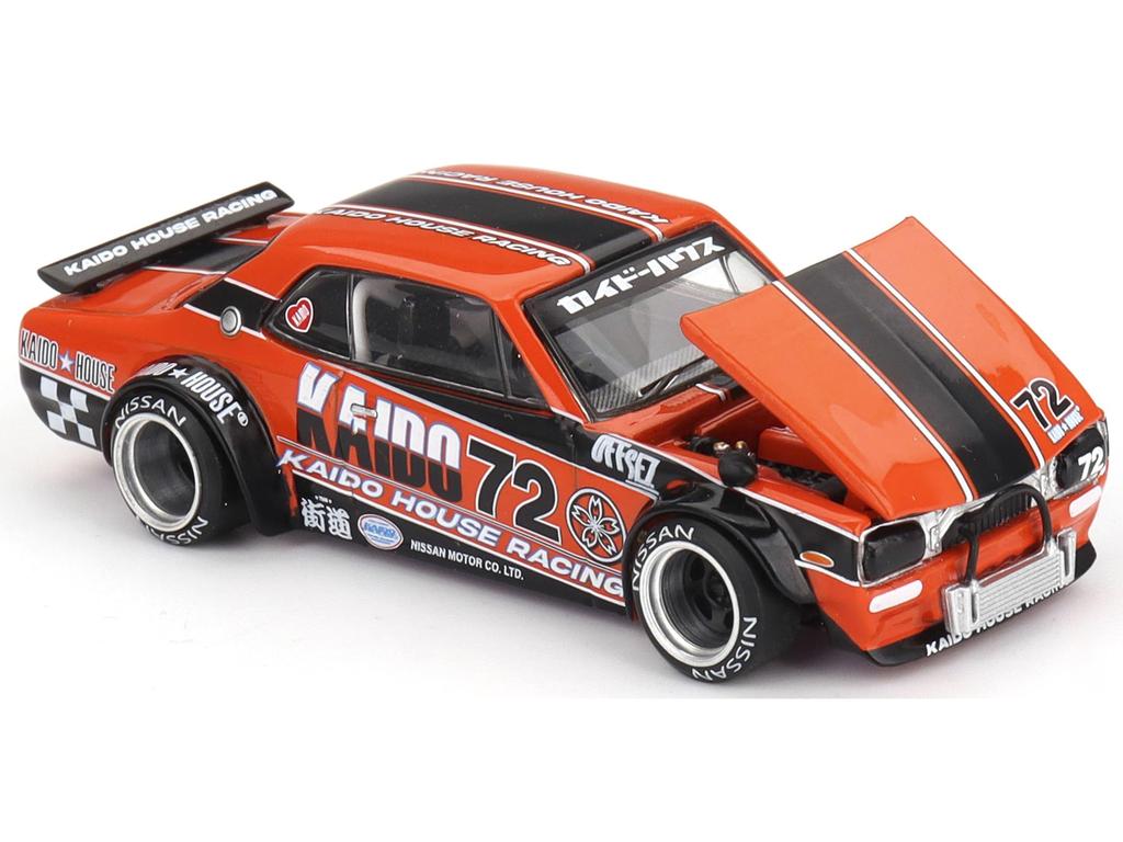MINI GT Skyline RHD Racing V1 Orange mit Schwarzen Streifen und Grafiken Jun Kaido House Spezial Maßstab Druckguss Modellauto KHMG195 2000GT-R (KPGC10)