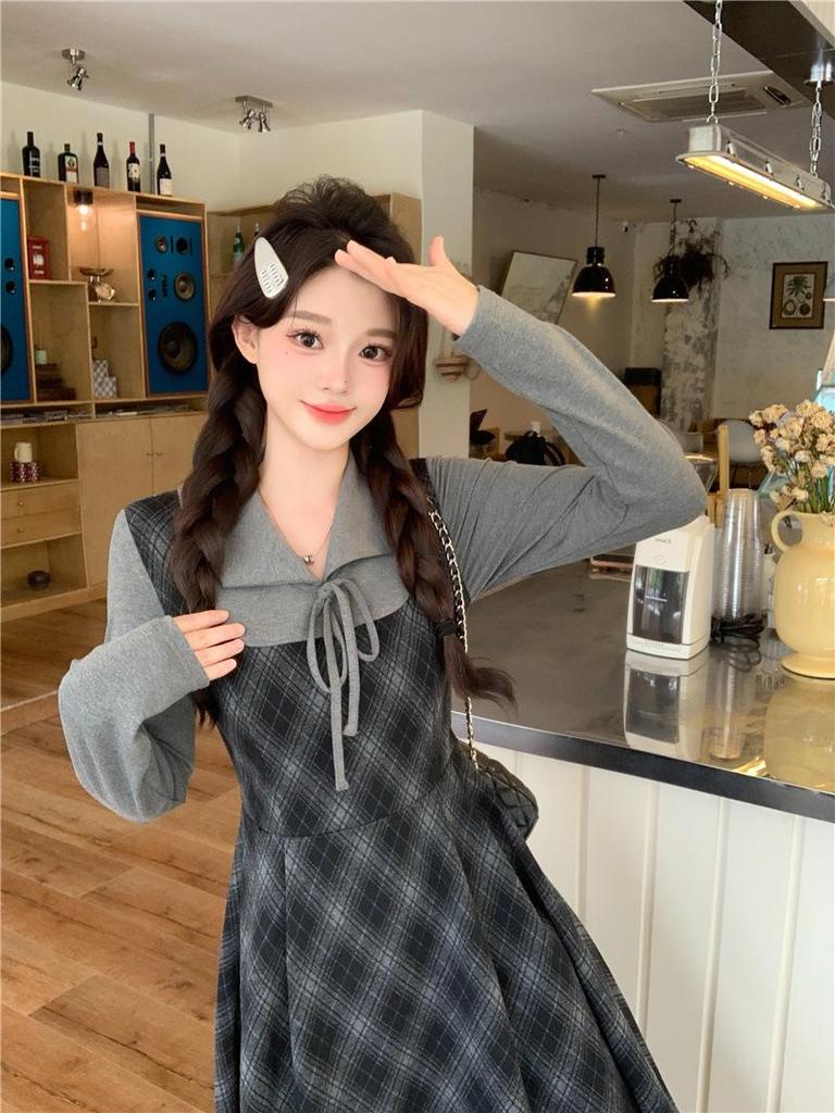 Plus Size Plaid Two-Piece Look Dress - Spring 2026 Slimming Long-Sleeved Waist-Cinched Skirt for Women