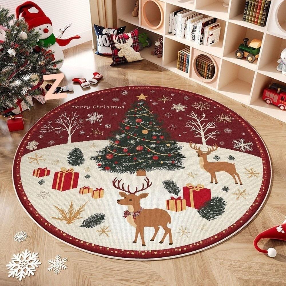 Reindeer Christmas Rug 2D Flat Printed Round Carpet Holiday Decor Christmas Doormat Party