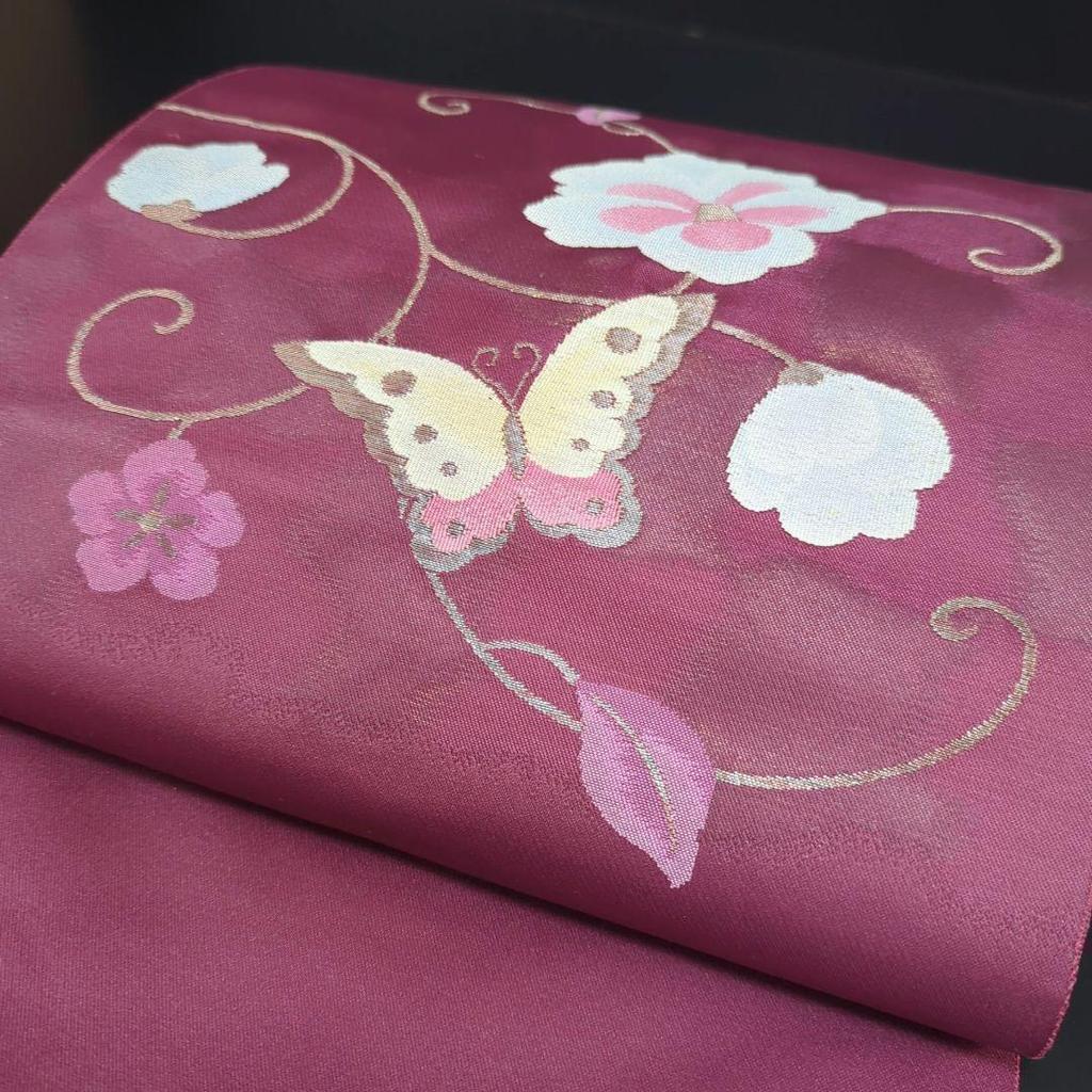 Used H-506 Nagoya Obi Nagoya Tailored Pure Silk Eight-inch Flower Arabesque Butterfly Pattern