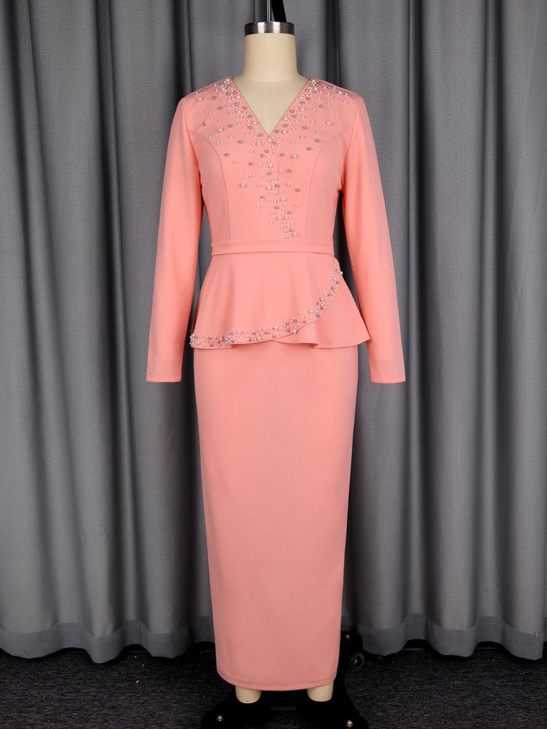 AOMEI Women Elegant Beaded Peplum Dress Long Sleeve V Neck Maxi Dresses for Church Party Special Occasions