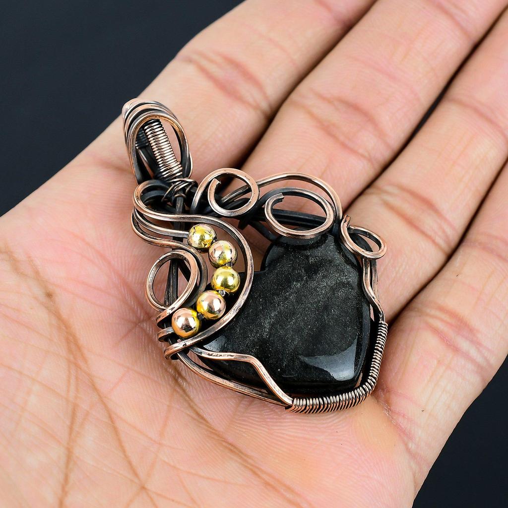 Silver Sheen Obsidian Gemstone Handmade Jewelry Pure Copper Wire Wrapped Pendant