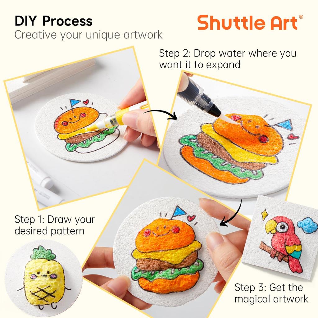 Shuttle Art Sponge Paper 68-Piece Set: 60 Water-Expanding Paper Sheets, 2 Water Brushes, 6 PVC Storage Bags, Refill Paper, Upgraded Version. Create Fl