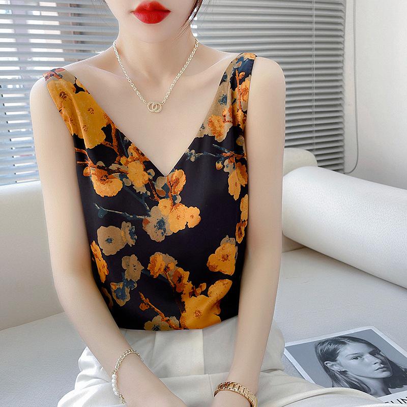 

Популярная женская шелковая майка с принтом - Топ из сатина и шелка тутового дерева с круглым/V-образным вырезом M