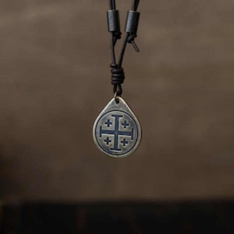 Jerusalem Cross Necklace/Pendant. Made from Solid Brass with Adjustable/Sliding Leather Cord.