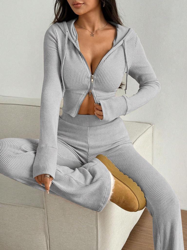 European and American Style Women's Hooded Zipper Sweatshirt and Sweatpants Set - Autumn/Winter Collection
