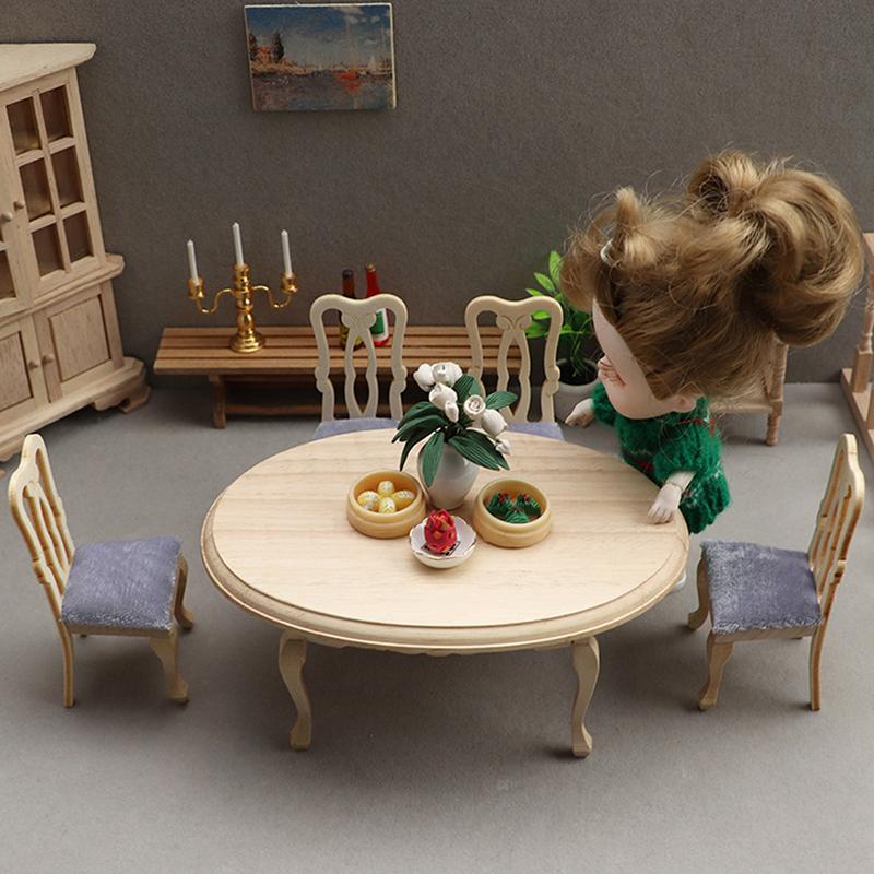 5Pcs/Set 1/12 Dollhouse Miniature Furniture Wooden Dining Table Chair Set Toys