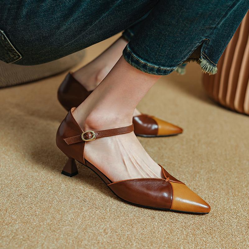 Fashion Summer Women Sandals Cowhide Shoes for Women Pointed Toe Thin Heel Giadiator Sandals Narrow Band Handmade Shoes