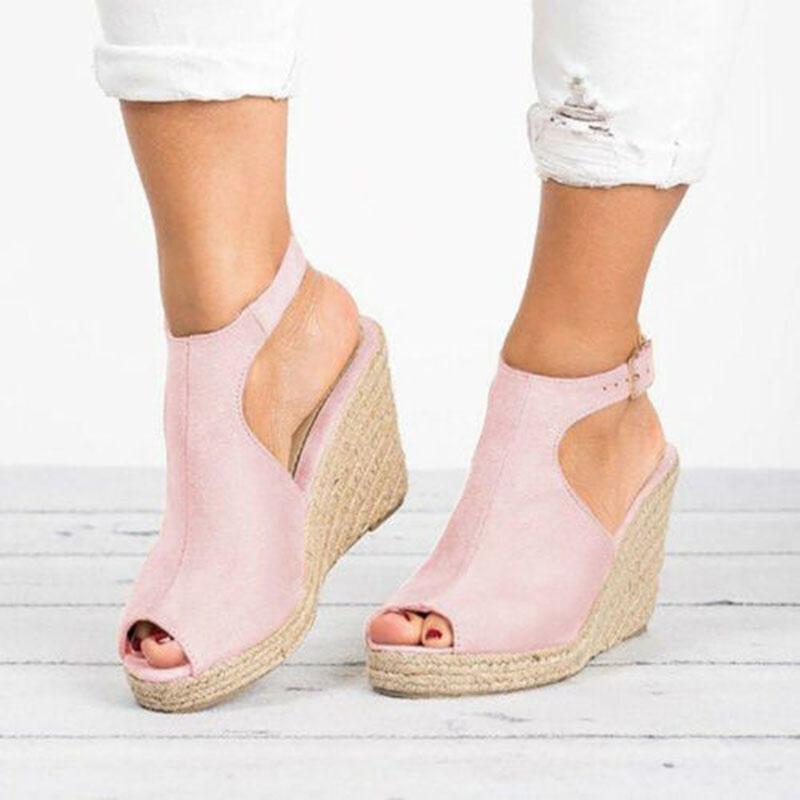 Elegant Women's Sandals Casual Wedges Heel Straw Platform Peep Toe Ladies Buckle Shoes