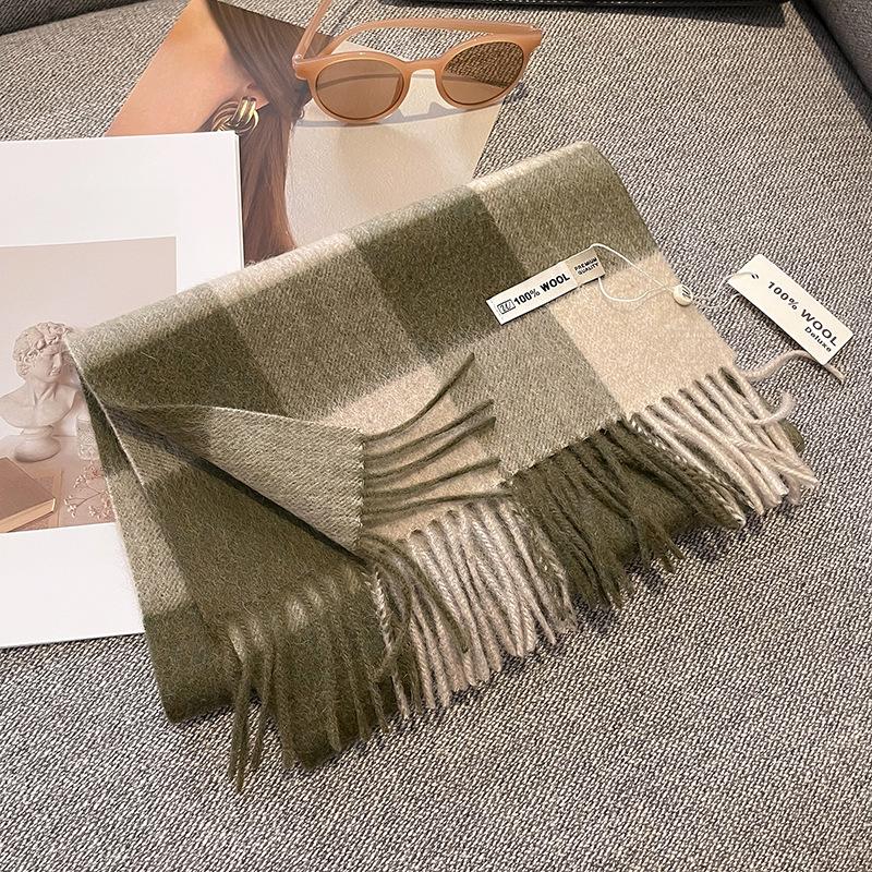 100% Pure Wool Scarf Female Winter Warm Cashmere Shawl Checkerboard Grain Design Couple Accessory Premium Sense Windproof Scarf