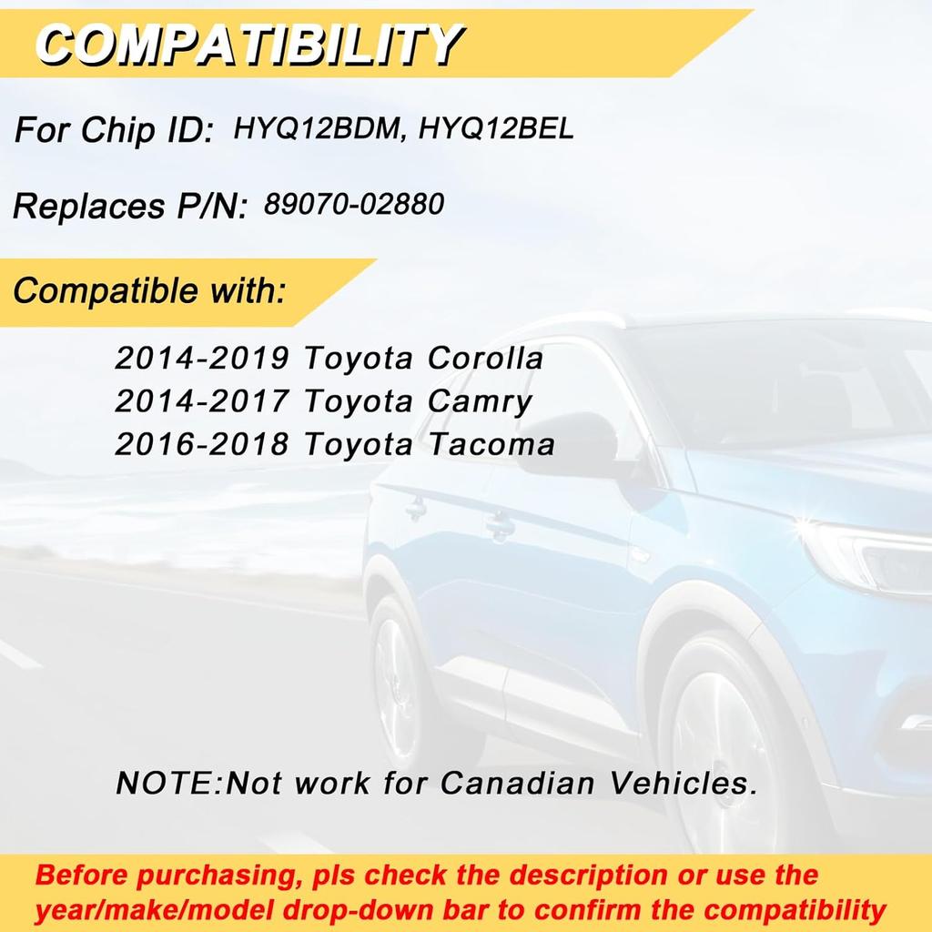 Key Fob Replacement for 2014-2017 Toyota Camry/ 14-19 Corolla/ 16-18 Tacoma Car Keyless Entry Remote Control, HYQ12BDM HYQ12BEL, 4 Buttons