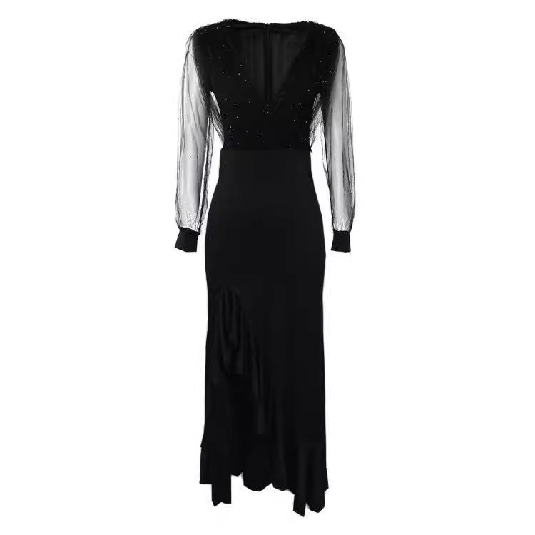 Women's new dress, sexy mesh long-sleeved sequin slim dress skirt