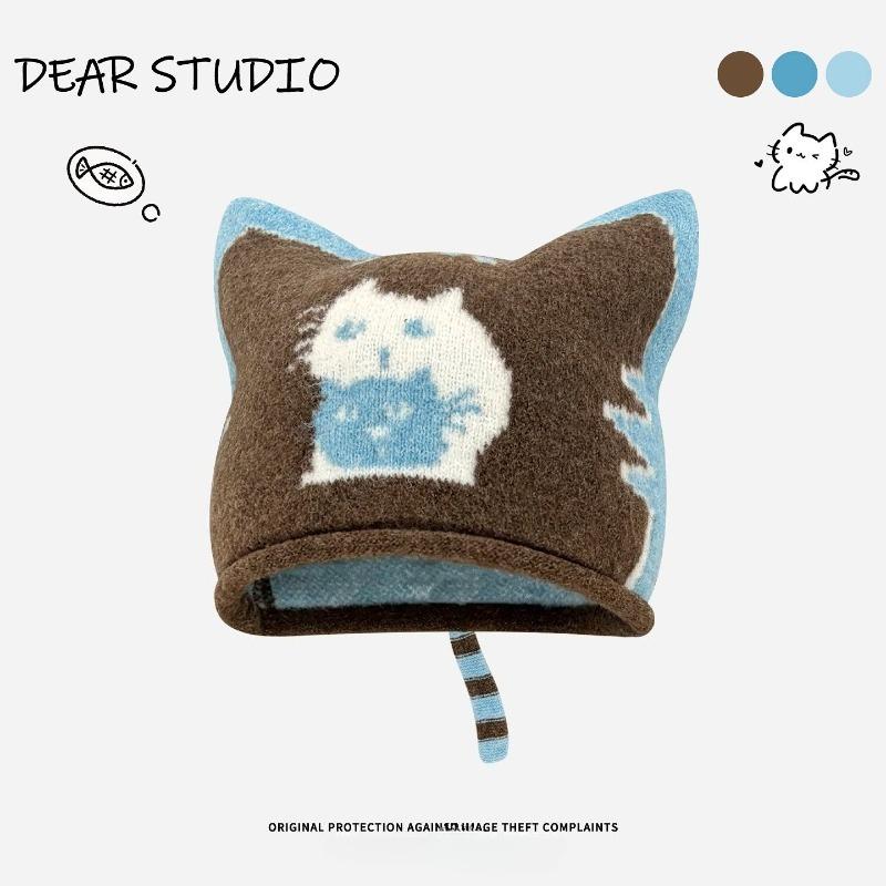 Korean retro jacquard gray cat knitted hat women's autumn and winter 2025 new face small wool hat bag head hat