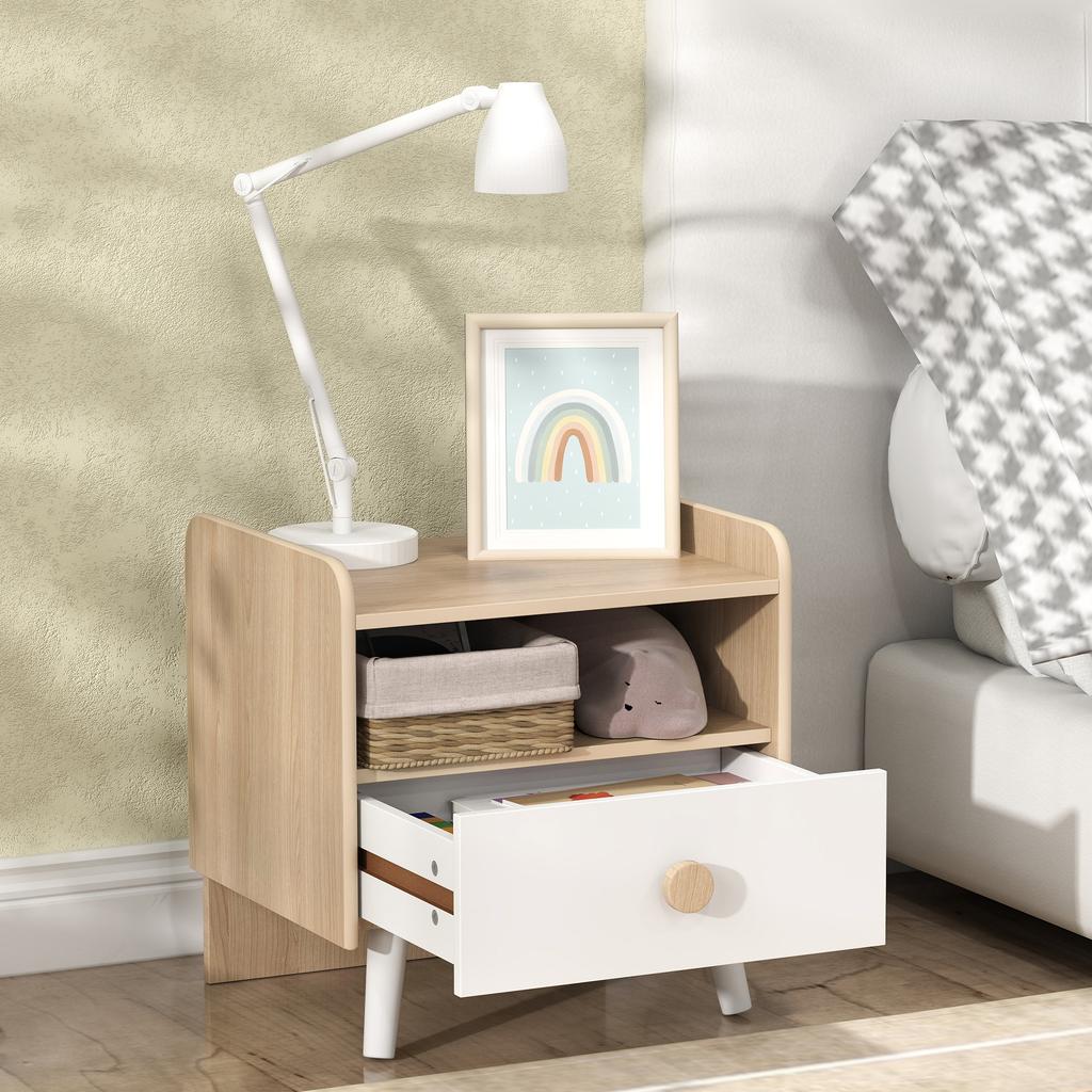 Kids Bedside Table with Drawer and Open Storage Shelf, Wooden Nightstand for Bedroom, Bedside Cabinet, White