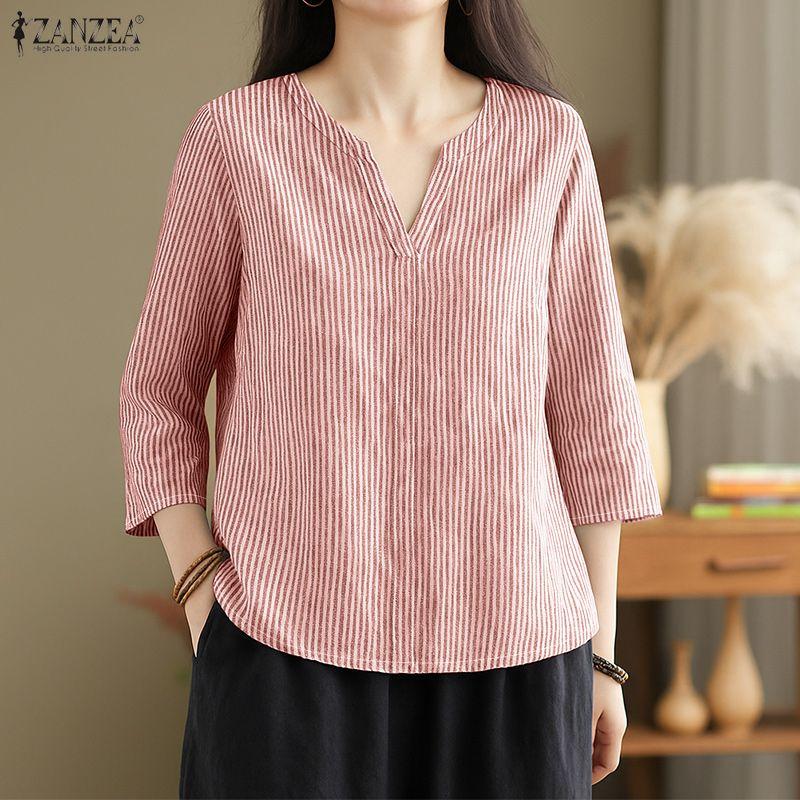 ZANZEA Lässige Bluse mit V-Ausschnitt und 3/4-Ärmeln für Damen