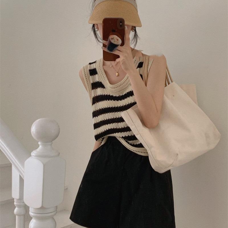 Black and white striped hollow knitted vest women's summer new loose outer wear suspender sleeveless vest shirt