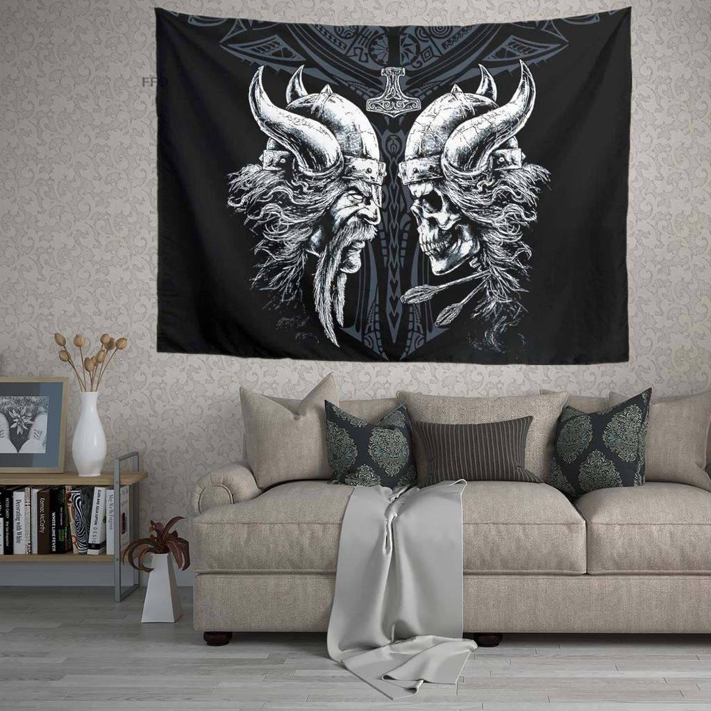 Viking Helmet Skull Tapestry Hammer Odin Mythology Print Wall Hanging Nordic Home Bedroom Living Room Decor