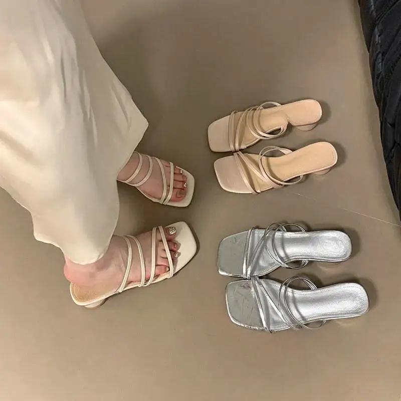 Fashion Comemore Thin Strap Thick Heel Women Sandals 2025 High Heel Slippers Large Size 42 Women's Shoes Slipper Block Heels for Women