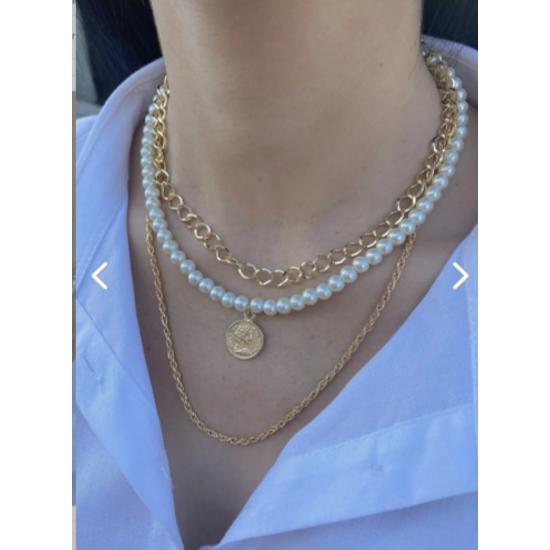 Kombinierte Halskette mit Perlenmedaillon und Goldkette