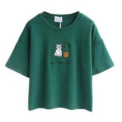 Damen Sommer Neu Einfach Kurz Kaktus Stickerei Kurzarm Nabel Baumwoll-T-Shirt
