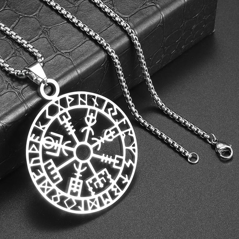 Viking Rune Compass Pendant Necklace for Men and Women Hollow Stainless Steel Necklace