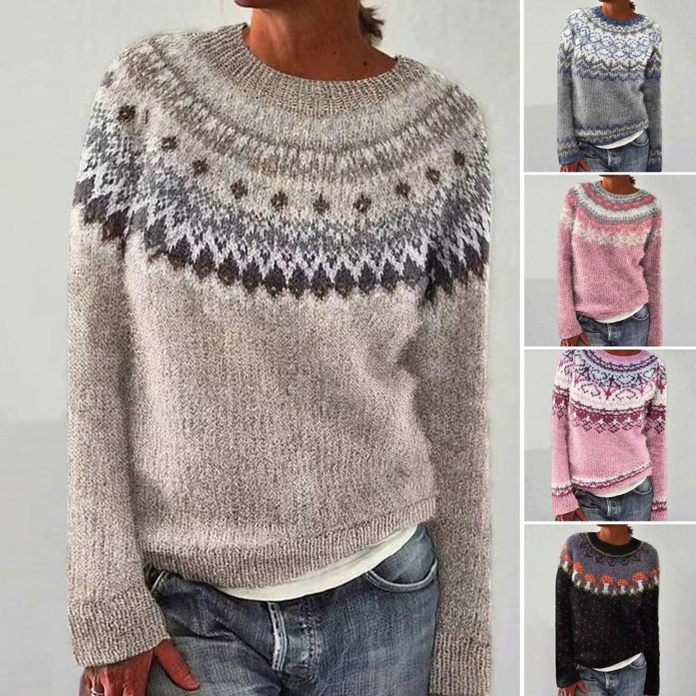 Knitted Sweater Geometric Pattern Patchwork Women's Sweater O-neck Long Sleeve Loose Fit Crochet Top in Color Knitting Style