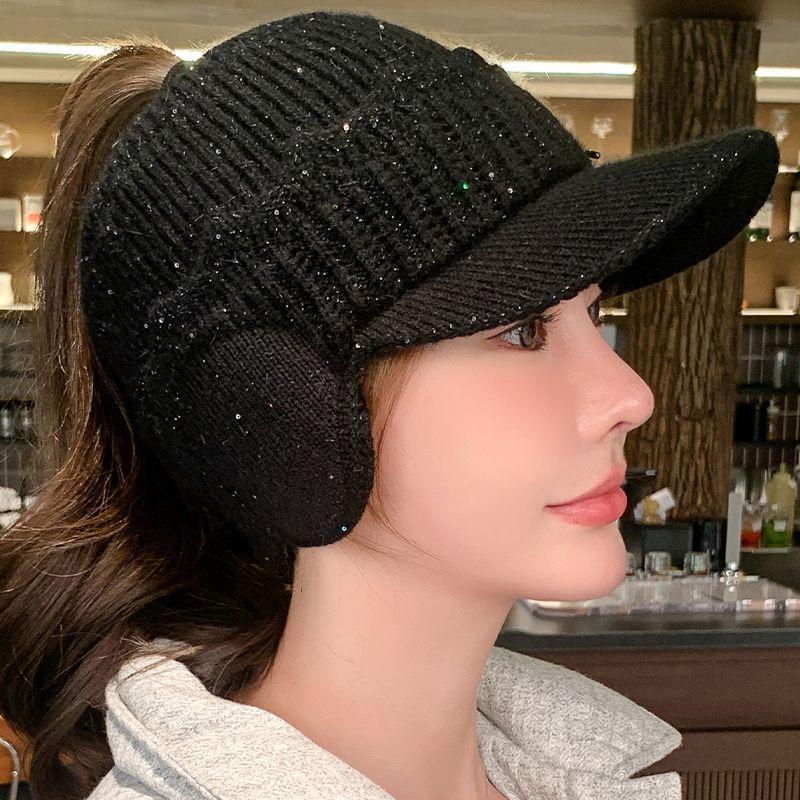 Autumn Winter Knitted Wool Hat - Thickened Warm Visor Cap, Outdoor Cycling Ear Protection, Women's Empty Top Baseball Cap
