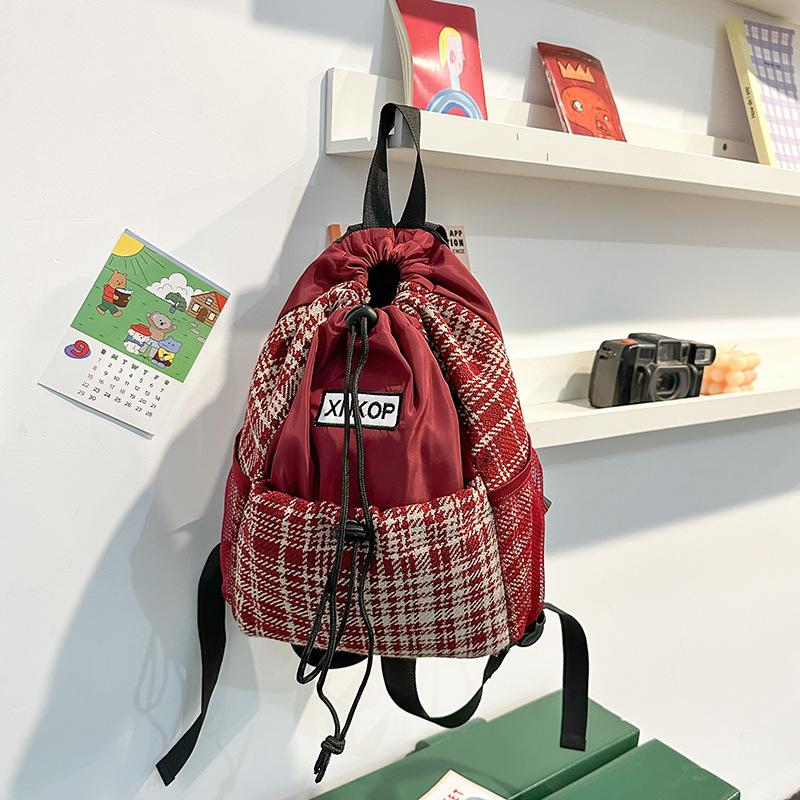 Woolen Plaid Drawstring Shoulder Bag Trendy Student Schoolbag Simple Personalized Backpack