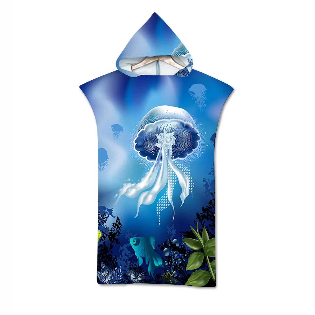 Jelly Fish Bath Beach Towel with Hood Microfiber Soft Hooded Robe Towel Poncho for Swimming Beach Surf Woman Bathrobe Beachwear