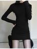 Petite Korean Style Black Spicy Girl Mid-Length Velvet Hip-Hugging Autumn/Winter Skirt Dress