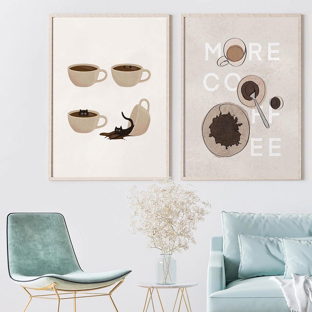 Katze und Kaffee Poster Moka Pot Wandkunst Leinwand Malerei Moderne nordische Drucke Bilder für Wohnzimmer Küche Wohnkultur