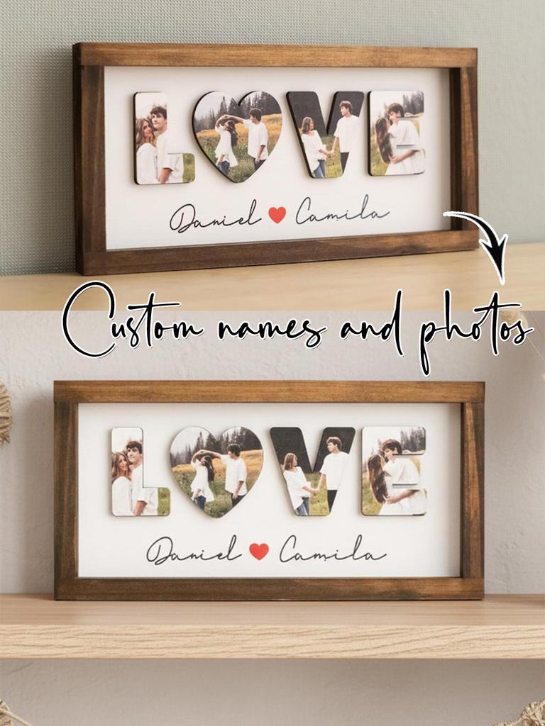 Custom LOVE Photo Wooden Frame Heart Picture Collage Plaque Wedding Engagement Anniversary Home Wall Decor Romantic KeepsakeGift