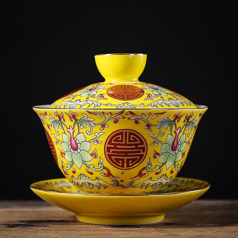 

Retro ceramic enamel court lid bowl single gold-plated kung fu tea set eight treasures of tea brewing utensil