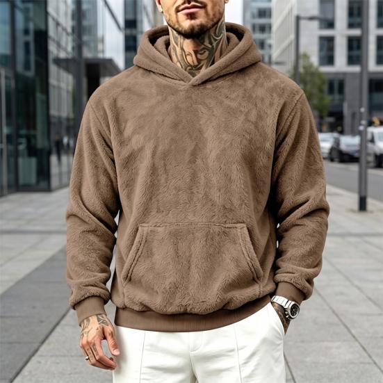 Codzienna Casualowa Streetwear Męska Pluszowa Bluza z Kapturem, Polarowy Pulower Teddy z Kieszenią Kangurką, Luźny Top z Kieszenią, Miękki Ciepły Zimowy Sweter